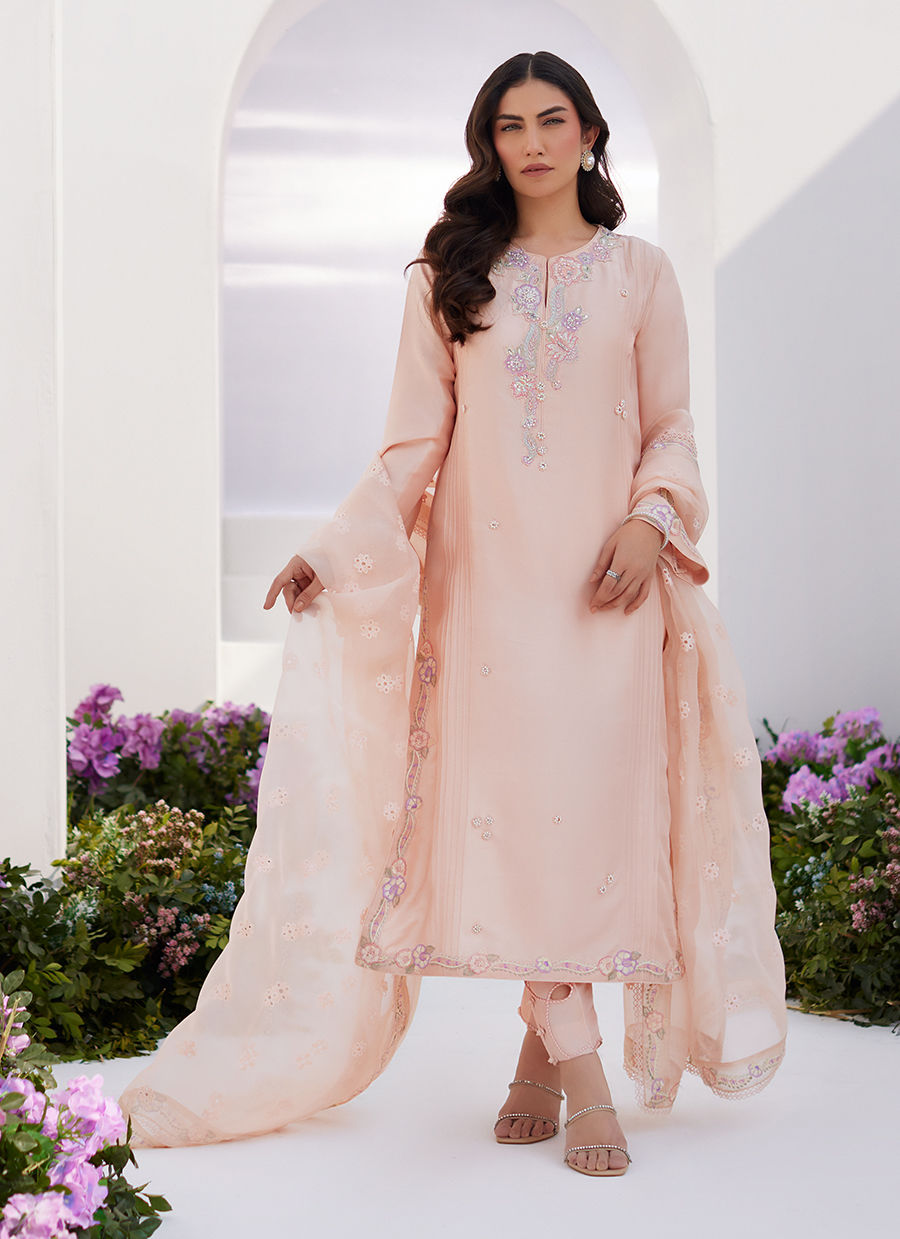 Farah Talib Aziz | Zaza Luxe Pret 24 | ELEA PEACH EMBROIDERED RAW SILK SHIRT AND DUPATTA