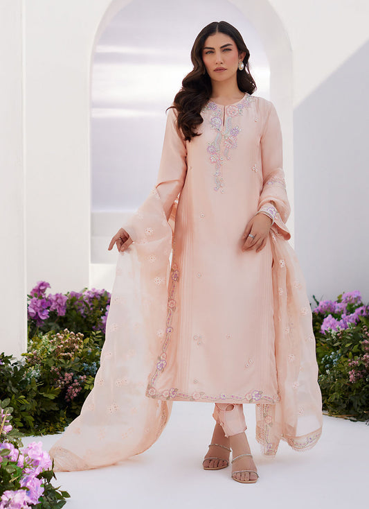 Farah Talib Aziz | Zaza Luxe Pret 24 | ELEA PEACH EMBROIDERED RAW SILK SHIRT AND DUPATTA - Ladies Clothes - Maria Faisal