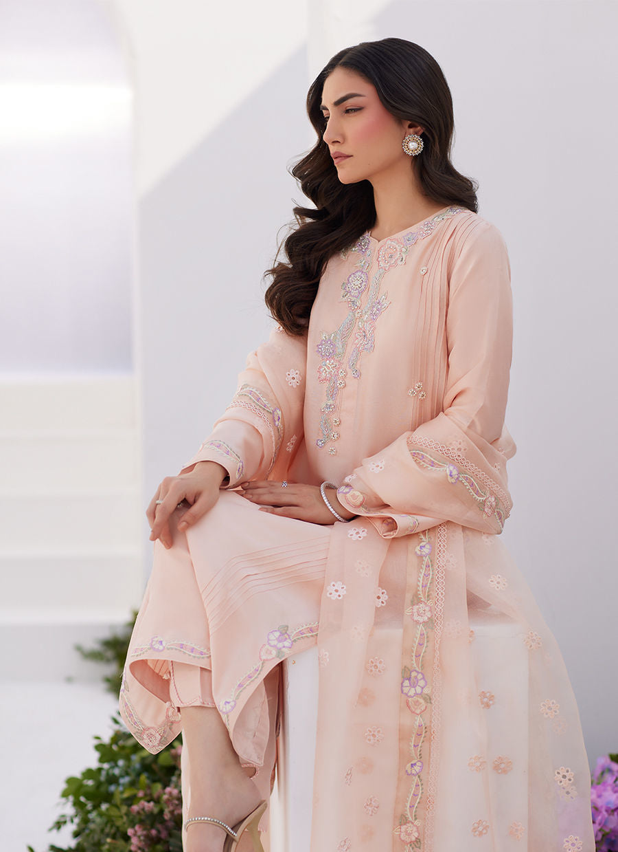 Farah Talib Aziz | Zaza Luxe Pret 24 | ELEA PEACH EMBROIDERED RAW SILK SHIRT AND DUPATTA - Ladies Clothes - Maria Faisal