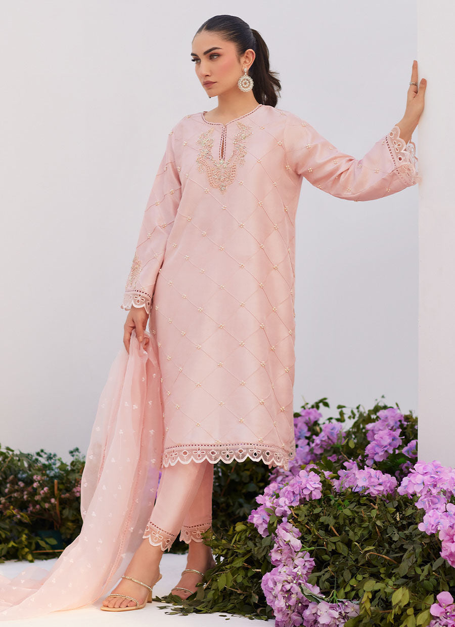 Farah Talib Aziz | Zaza Luxe Pret 24 | BEBE BLUSH PINK EMBELLISHED RAW SILK KURTA SHIRT AND DUPATTA