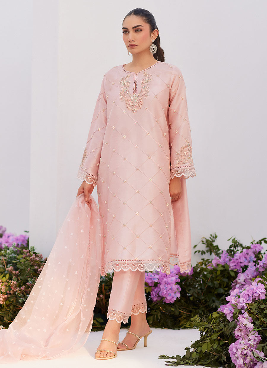 Farah Talib Aziz | Zaza Luxe Pret 24 | BEBE BLUSH PINK EMBELLISHED RAW SILK KURTA SHIRT AND DUPATTA