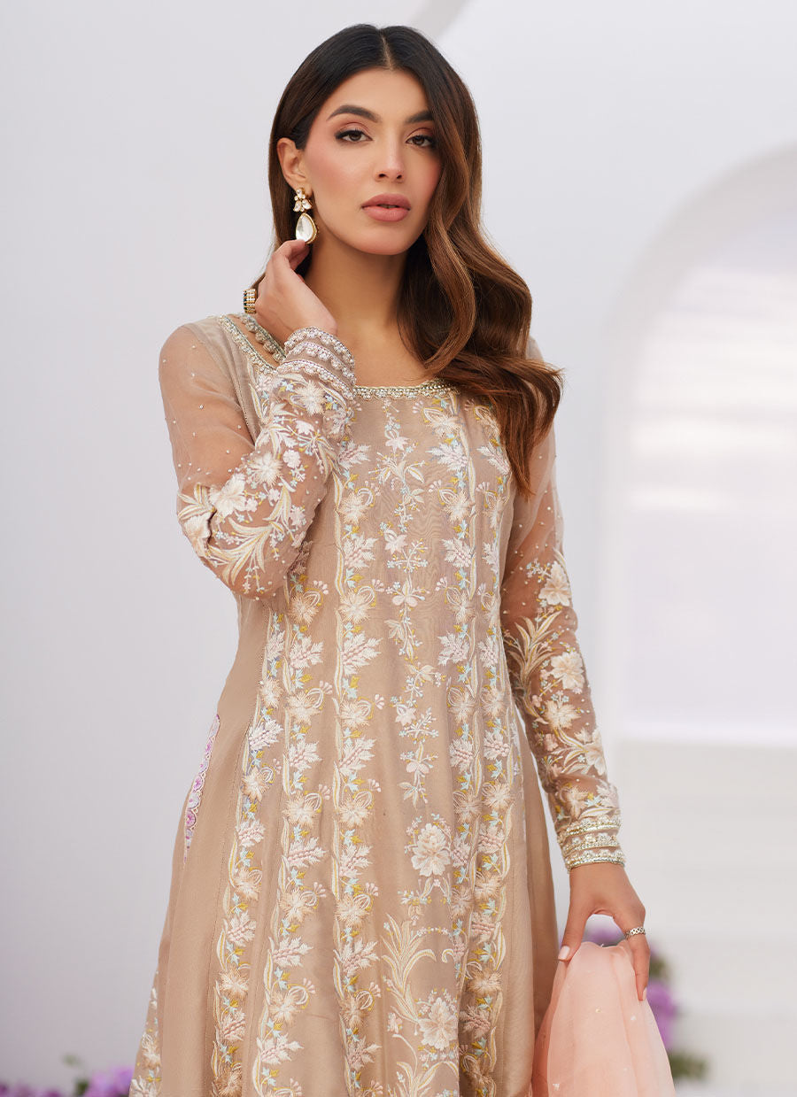 Farah Talib Aziz | Zaza Luxe Pret 24 | CHARLENE SAND EMBROIDERED KALIDAAR WITH DUPATTA - Ladies Clothes - Maria Faisal