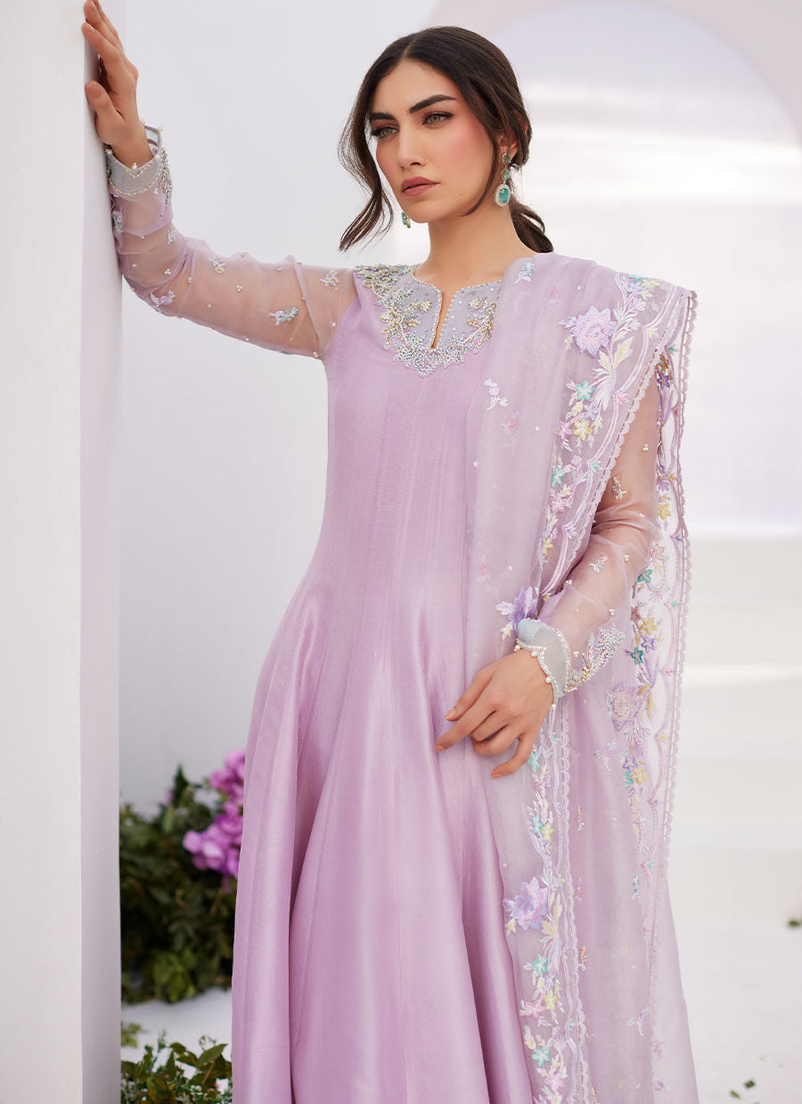 Farah Talib Aziz | Zaza Luxe Pret 24 | MANON LILAC EMBELLISHED RAW SILK KALIDAAR