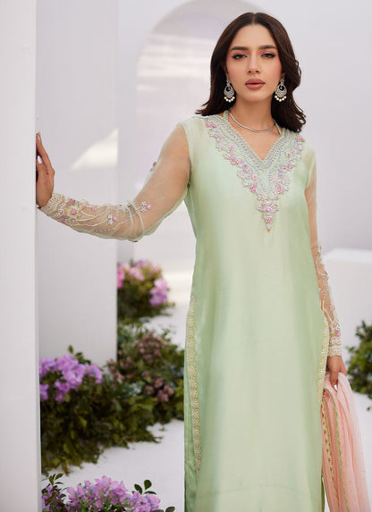 Farah Talib Aziz | Zaza Luxe Pret 24 | COLLETTE MINT OMBRE EMBELLISHED COLUMN SHIRT WITH KALIDAAR WITH EMBROIDERED SLIP - Ladies Clothes - Maria Faisal