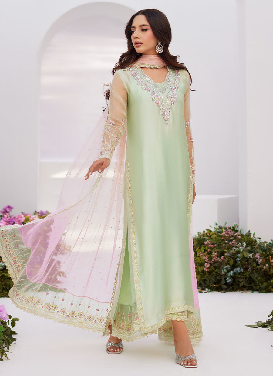 Farah Talib Aziz | Zaza Luxe Pret 24 | COLLETTE MINT OMBRE EMBELLISHED COLUMN SHIRT WITH KALIDAAR WITH EMBROIDERED SLIP