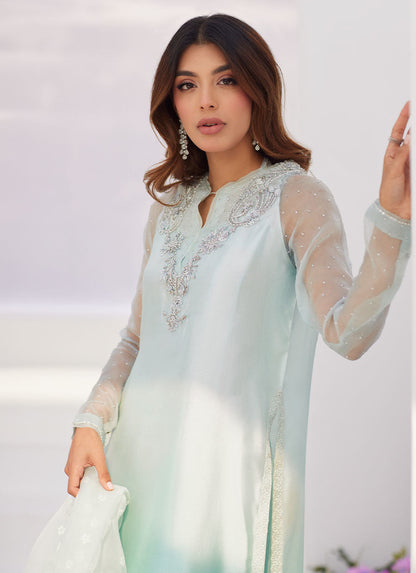 Farah Talib Aziz | Zaza Luxe Pret 24 | SOLENE AQUA OMBRE EMBELLISHED COLUMN SHIRT WITH EMBROIDERED KALIDAAR SLIP - Ladies Clothes - Maria Faisal