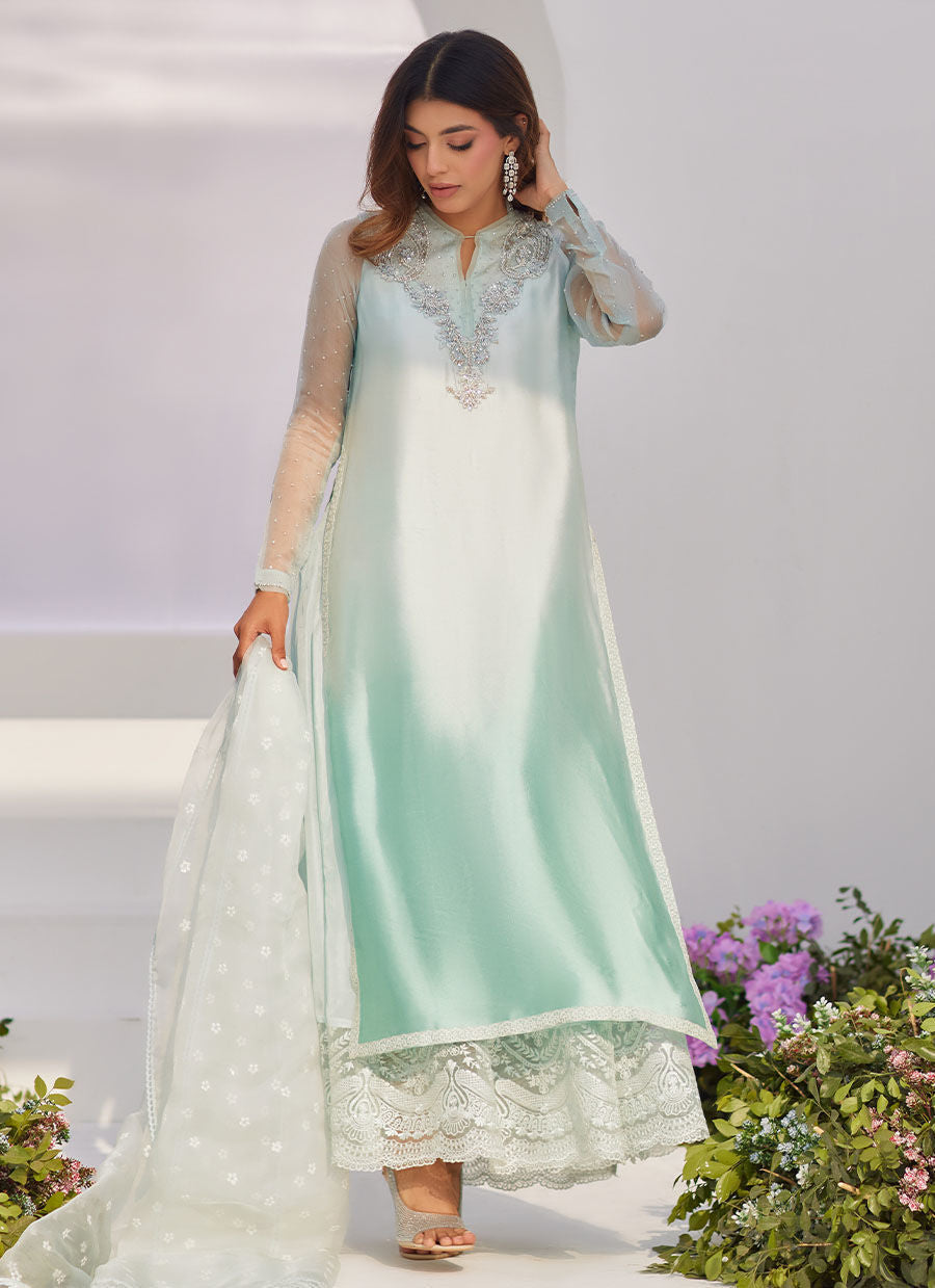 Farah Talib Aziz | Zaza Luxe Pret 24 | SOLENE AQUA OMBRE EMBELLISHED COLUMN SHIRT WITH EMBROIDERED KALIDAAR SLIP - Ladies Clothes - Maria Faisal