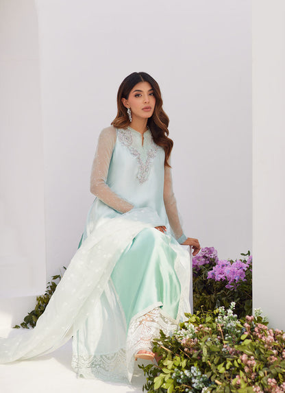 Farah Talib Aziz | Zaza Luxe Pret 24 | SOLENE AQUA OMBRE EMBELLISHED COLUMN SHIRT WITH EMBROIDERED KALIDAAR SLIP - Ladies Clothes - Maria Faisal