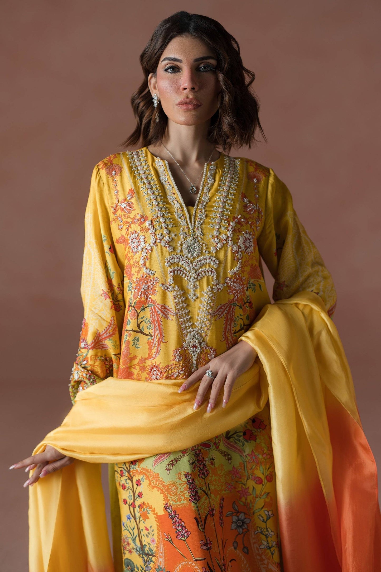 Ammara Khan | Flo 25 |Mango Slush Long Shirt Set (D-04) by Maria Faisal - Registered Vendor of : Ammara Khan - type : Ladies Clothes - 100% original wedding dresses
