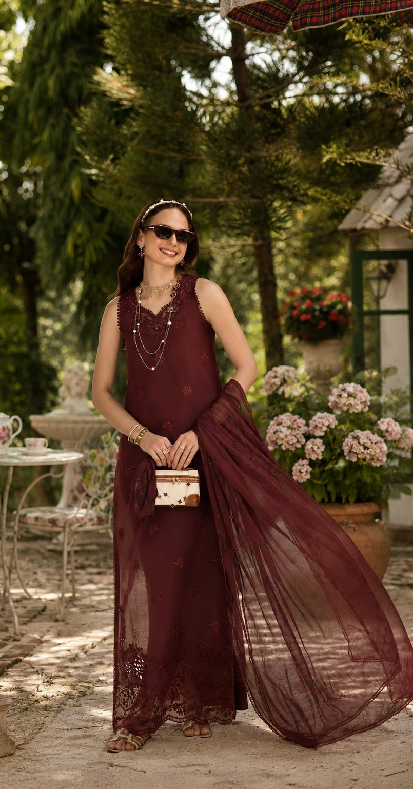 Noor by Saadia Asad | Noor Eid Printskhas 26 |D10  Burgundy - Luxury Dress - available at Maria Faisal in UK and USA.