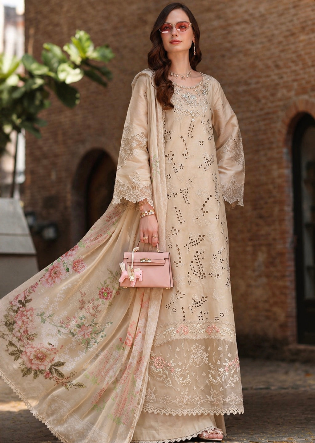 Noor by Saadia Asad | Luxury Eid Schiffli Laserkari 26 | D7 -Gris Tourtelle - Luxury Dress - available at Maria Faisal in UK and USA.