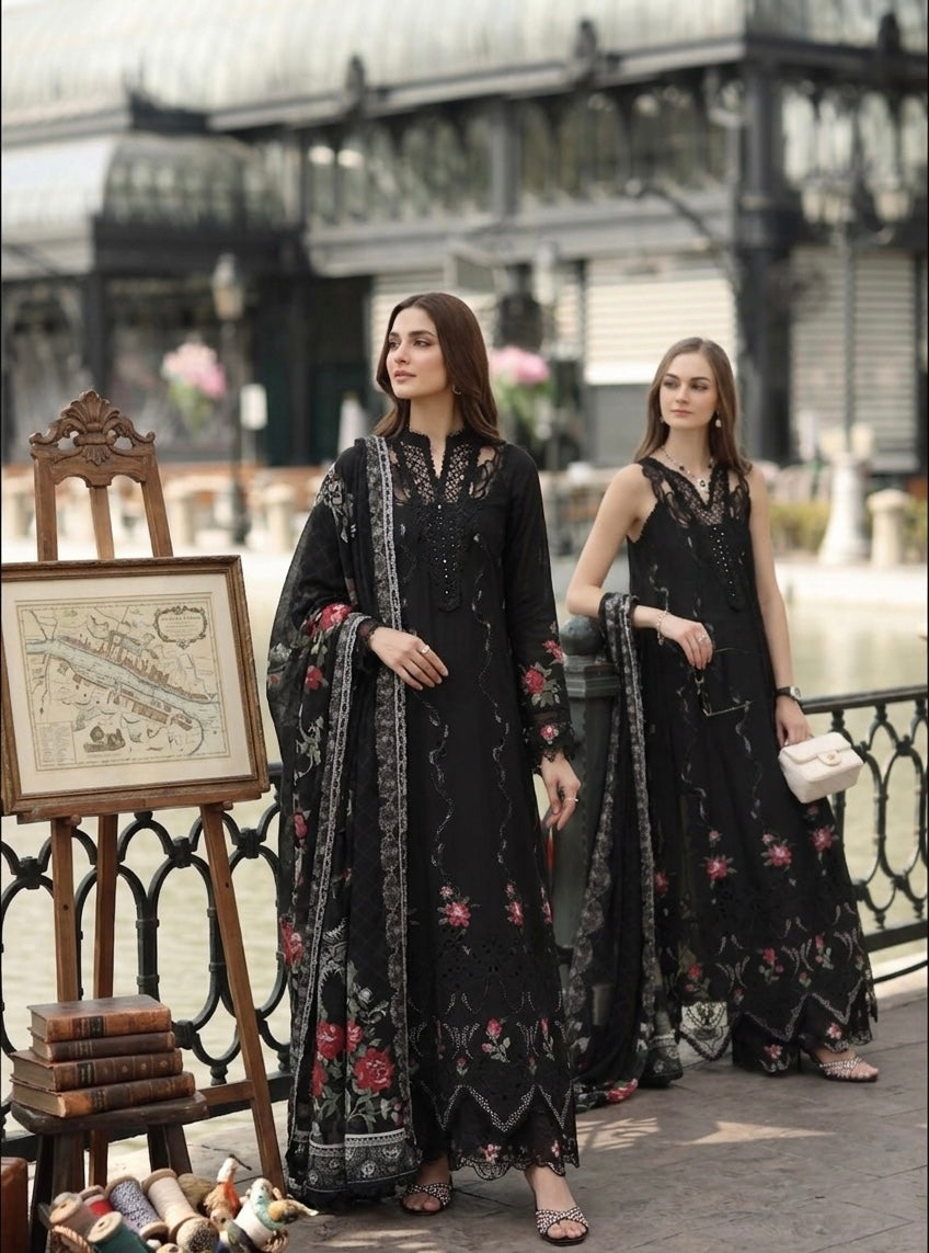 Noor by Saadia Asad | Eid Luxe Chikankari 26 | D5 -Cross stitch Black - Luxury Dress - available at Maria Faisal in UK and USA.