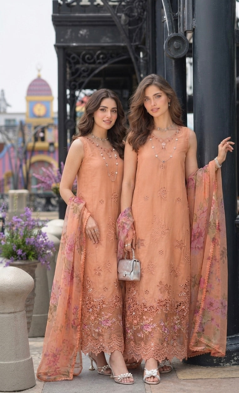 Noor by Saadia Asad | Eid Luxe Chikankari 26 | D6 - Apricot Allure - Luxury Dress - available at Maria Faisal in UK and USA.