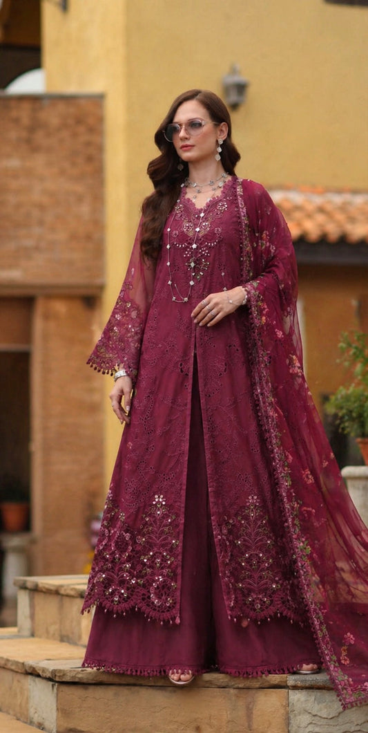 Noor by Saadia Asad | Luxury Eid Schiffli Laserkari 26 | D8 -Rasberry love - Luxury Dress - available at Maria Faisal in UK and USA.