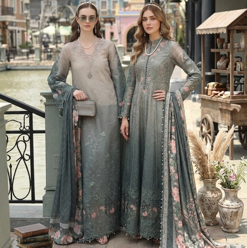 Noor by Saadia Asad | Eid Luxe Chikankari 26 | D4 - Smoke Zinc - Luxury Dress - available at Maria Faisal in UK and USA.