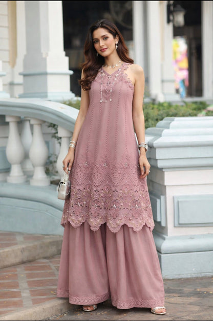 Noor by Saadia Asad | Eid Luxe Chikankari 26 | D8 - Rosewood Blush - Luxury Dress - available at Maria Faisal in UK and USA.