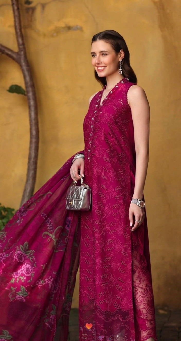 Noor by Saadia Asad | Luxury Eid Schiffli Laserkari 26 | D4 -Fuchia Elegance - Luxury Dress - available at Maria Faisal in UK and USA.