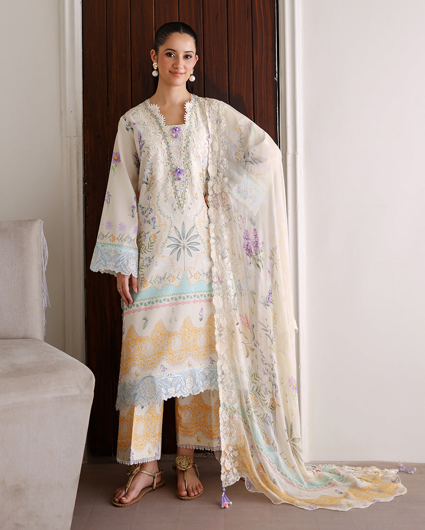 Roheenaz | Sunlit Tales Printed Embroidered Edit | Glowleaf - Luxury Dress - available at Maria Faisal in UK and USA.