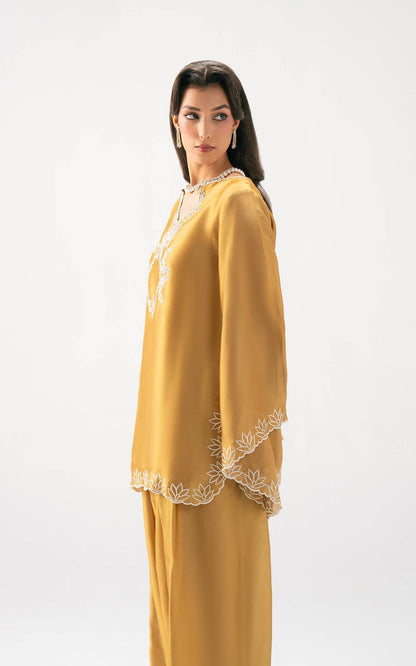 Asifa and Nabeel | Celevara Luxe | Golden Reverie - Luxury Dress - available at Maria Faisal in UK and USA.