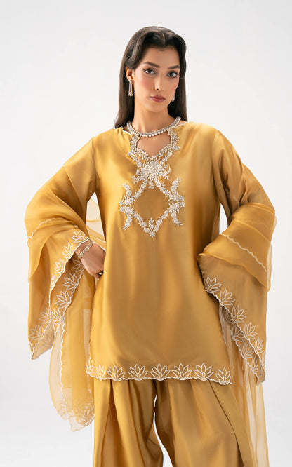 Asifa and Nabeel | Celevara Luxe | Golden Reverie - Luxury Dress - available at Maria Faisal in UK and USA.