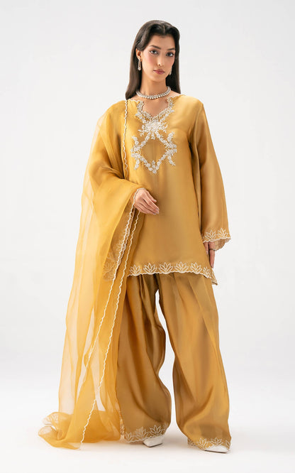 Asifa and Nabeel | Celevara Luxe | Golden Reverie - Luxury Dress - available at Maria Faisal in UK and USA.