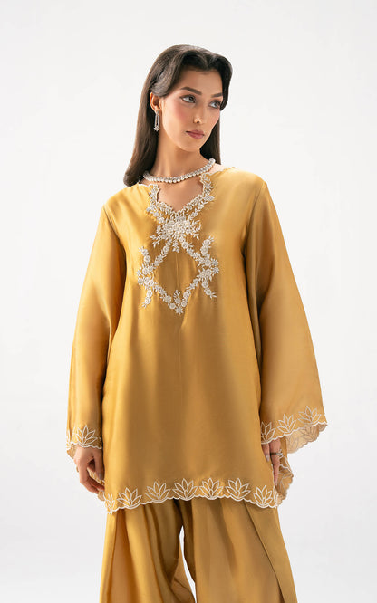 Asifa and Nabeel | Celevara Luxe | Golden Reverie - Luxury Dress - available at Maria Faisal in UK and USA.