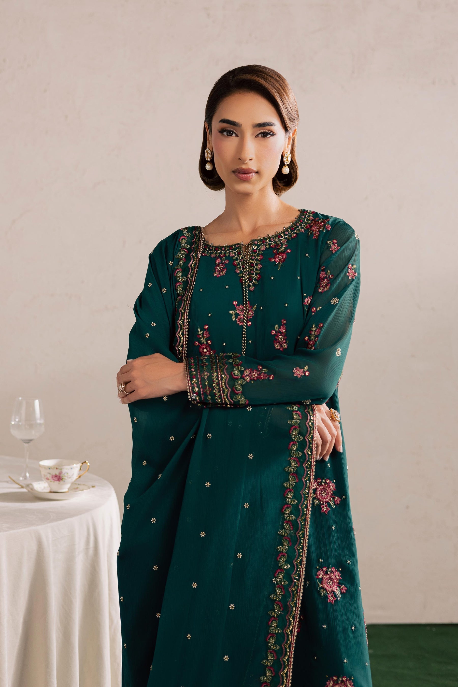 Batik | Festive Eid 26 | Green Leave - Luxury Dress - available at Maria Faisal in UK and USA.