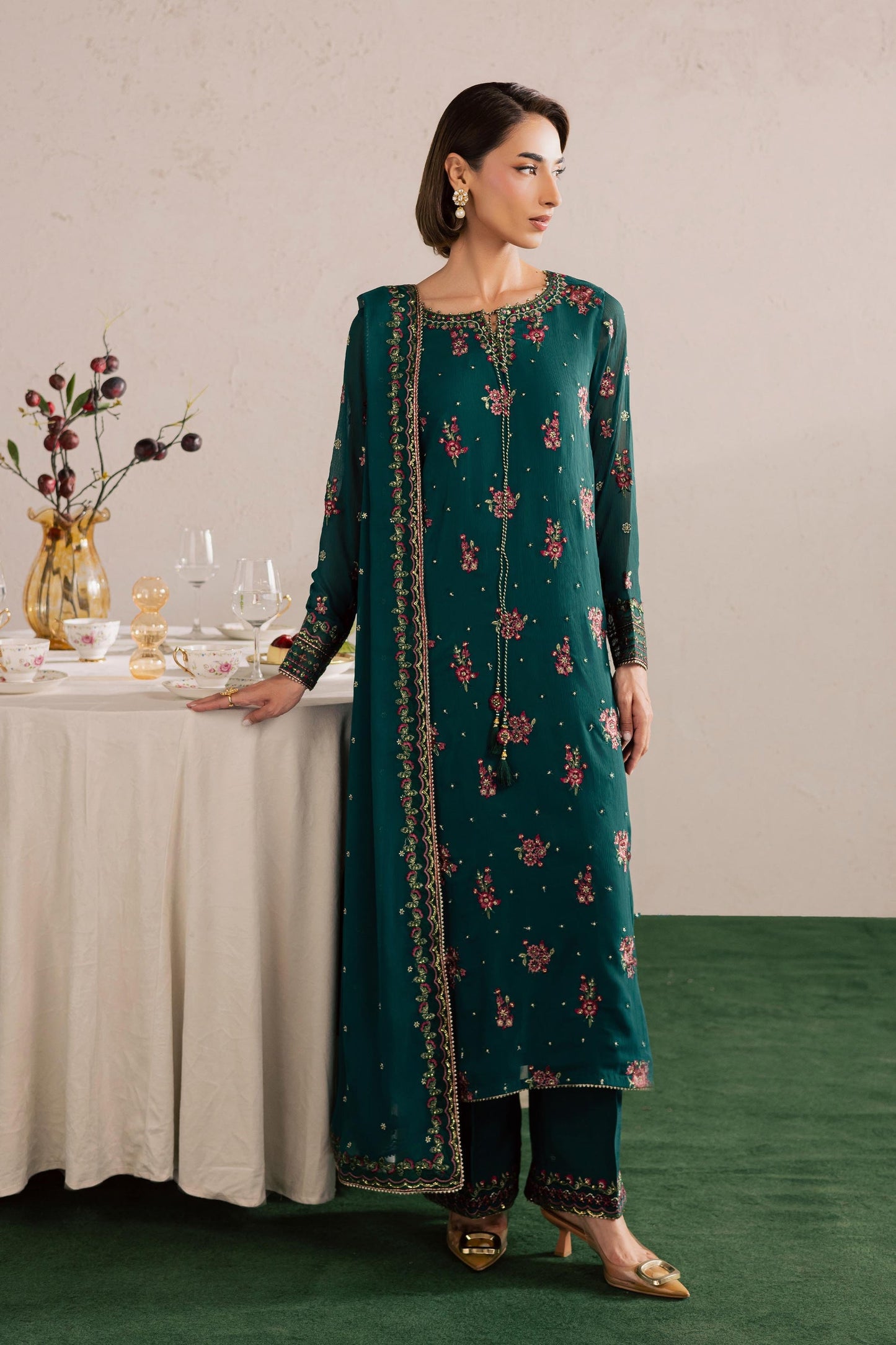 Batik | Festive Eid 26 | Green Leave - Luxury Dress - available at Maria Faisal in UK and USA.