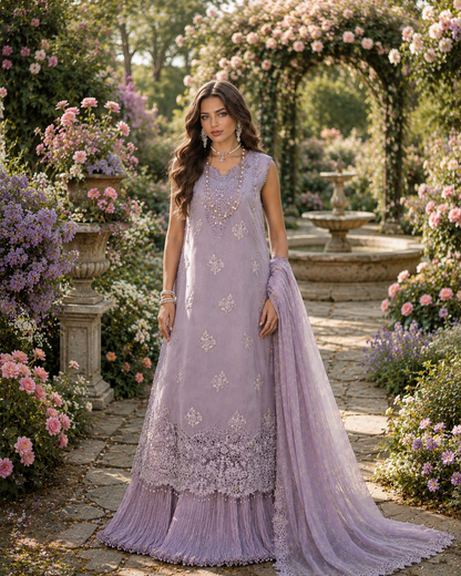 Noor by Saadia Asad | Noor Eid Printskhas 26 | D4  Lavender Lights - Luxury Dress - available at Maria Faisal in UK and USA.