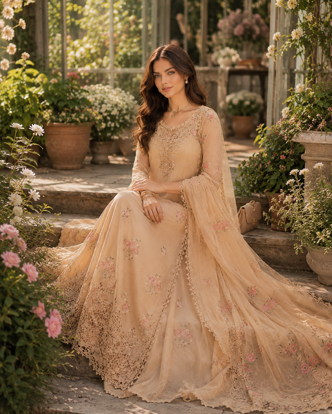 Noor by Saadia Asad | Noor Eid Printskhas 26 |D13  Blush Peach - Luxury Dress - available at Maria Faisal in UK and USA.