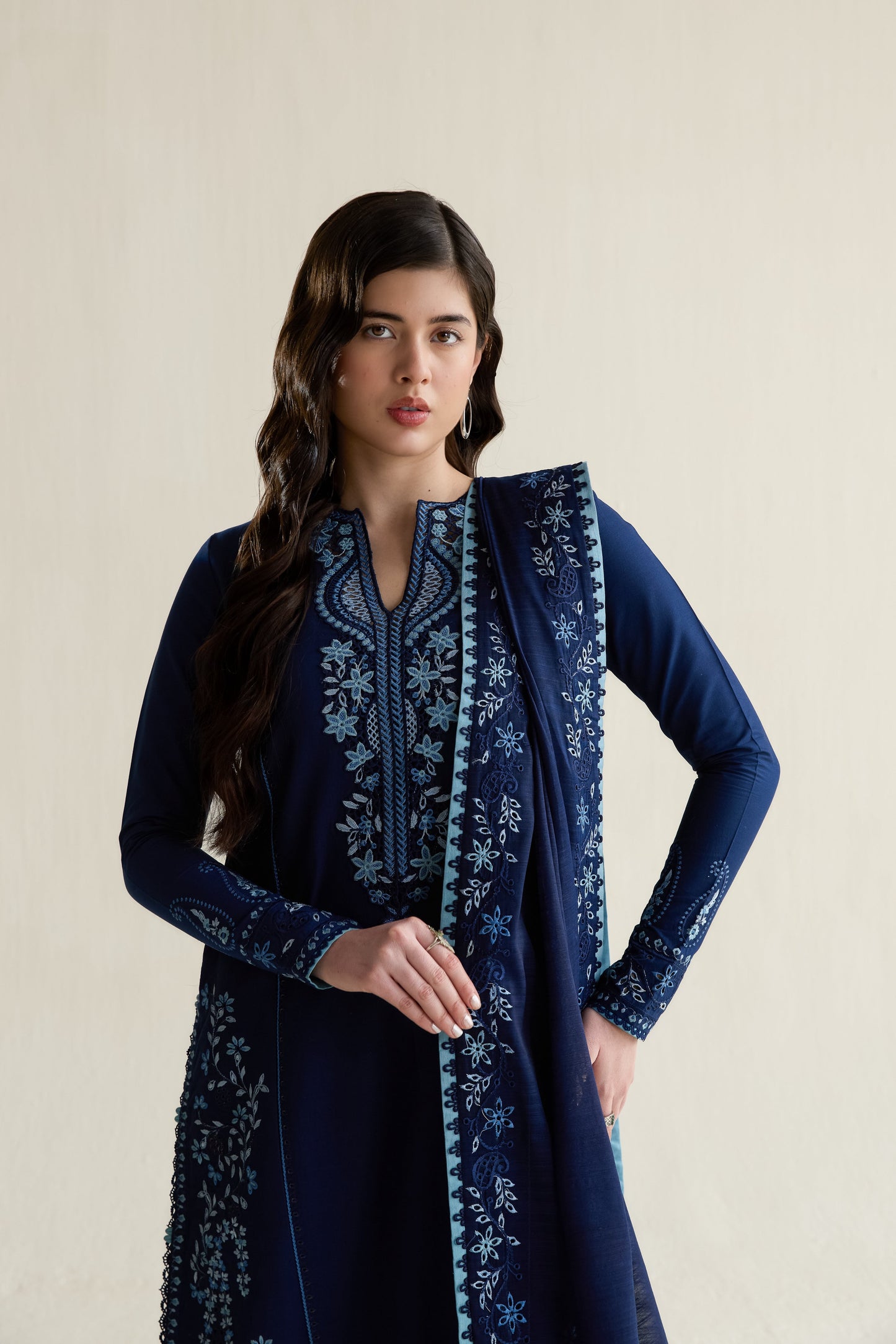Deep Navy Blue Embroidered Lawn Long Shirt - Zaib | RAMADAN 2026 READY TO WEAR | NPA3-26407 - Luxury Dress - available at Maria Faisal in UK and USA.