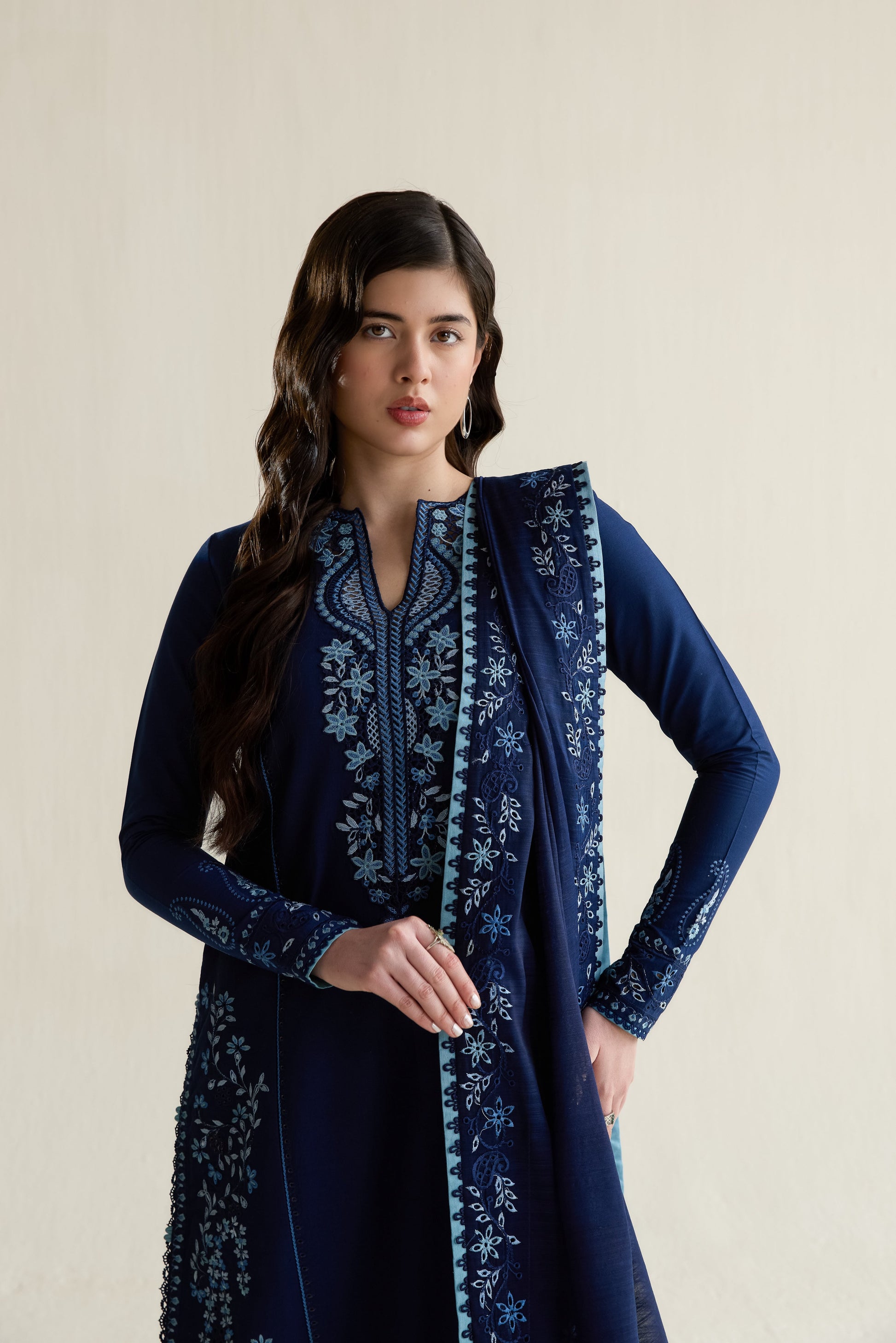 Deep Navy Blue Embroidered Lawn Long Shirt - Zaib | RAMADAN 2026 READY TO WEAR | NPA3-26407 - Luxury Dress - available at Maria Faisal in UK and USA.