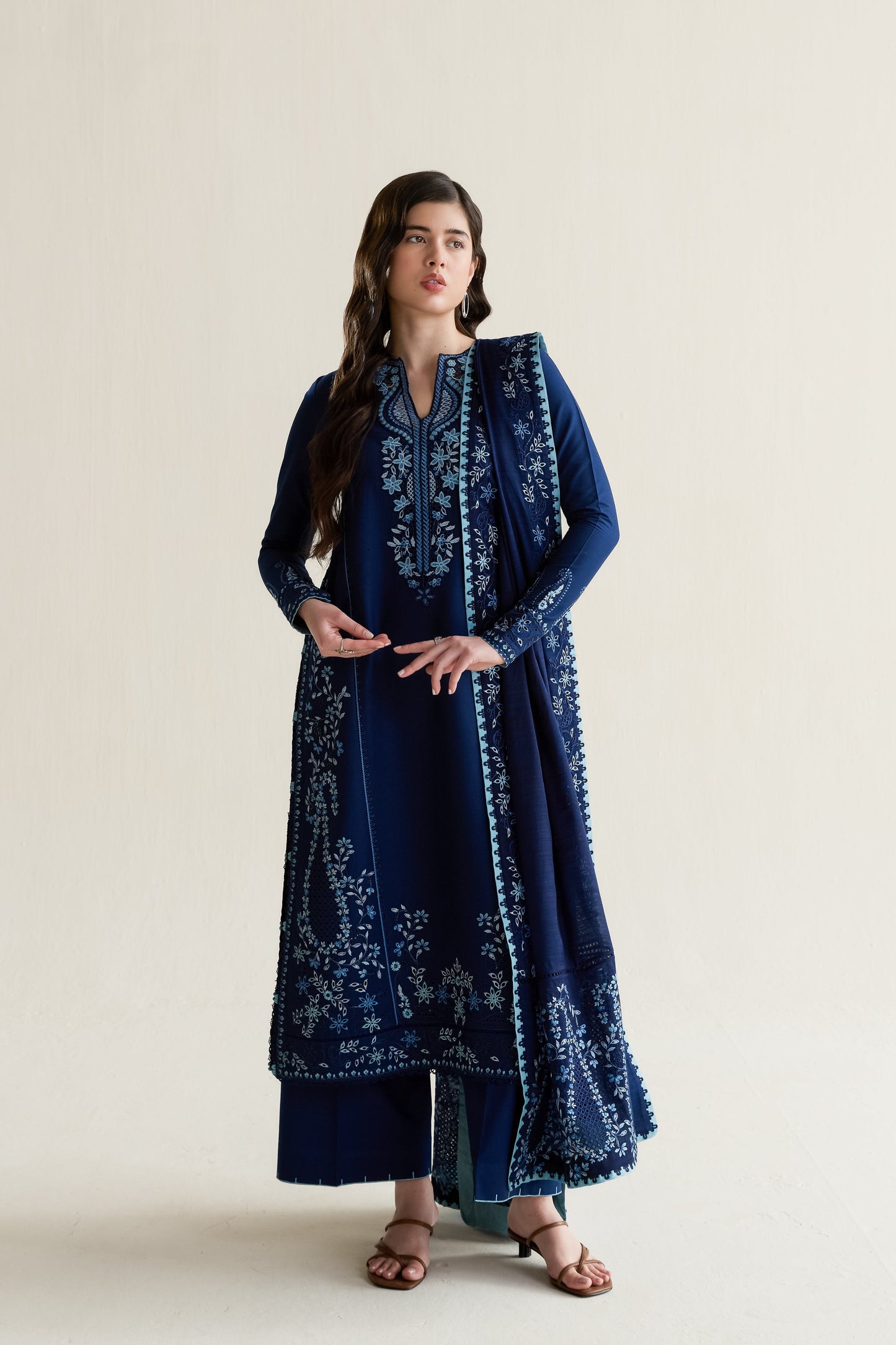 Deep Navy Blue Embroidered Lawn Long Shirt - Zaib | RAMADAN 2026 READY TO WEAR | NPA3-26407 - Luxury Dress - available at Maria Faisal in UK and USA.