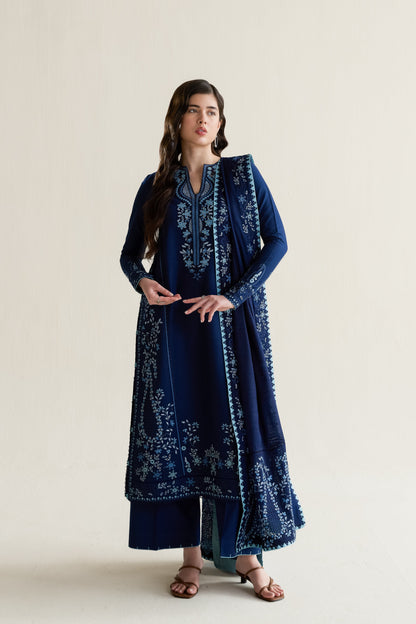 Deep Navy Blue Embroidered Lawn Long Shirt - Zaib | RAMADAN 2026 READY TO WEAR | NPA3-26407 - Luxury Dress - available at Maria Faisal in UK and USA.