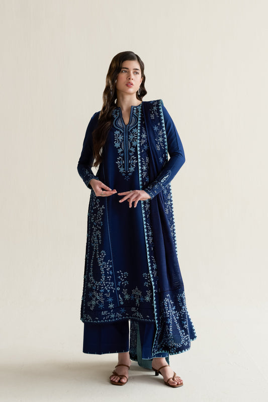 Deep Navy Blue Embroidered Lawn Long Shirt - Zaib | RAMADAN 2026 READY TO WEAR | NPA3-26407 - Luxury Dress - available at Maria Faisal in UK and USA.