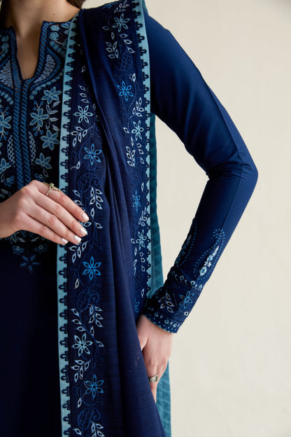 Deep Navy Blue Embroidered Lawn Long Shirt - Zaib | RAMADAN 2026 READY TO WEAR | NPA3-26407 - Luxury Dress - available at Maria Faisal in UK and USA.