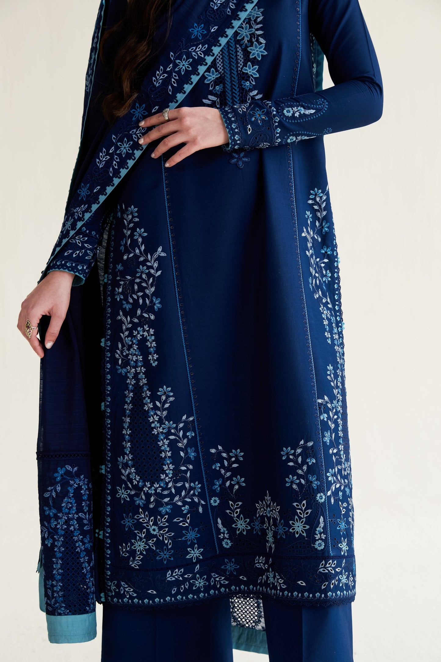 Deep Navy Blue Embroidered Lawn Long Shirt - Zaib | RAMADAN 2026 READY TO WEAR | NPA3-26407 - Luxury Dress - available at Maria Faisal in UK and USA.