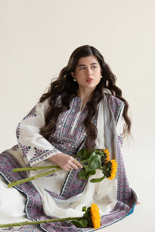 Off-White Embroidered Lawn Long Shirt - Zaib | RAMADAN 2026 READY TO WEAR | NPA3-26406 - Luxury Dress - available at Maria Faisal in UK and USA.