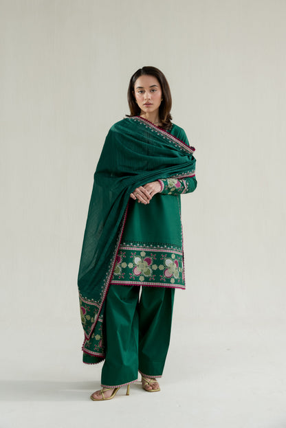 Emerald Green Embroidered Lawn Long Shirt - Zaib | RAMADAN 2026 READY TO WEAR | 26413 - Luxury Dress - available at Maria Faisal in UK and USA.