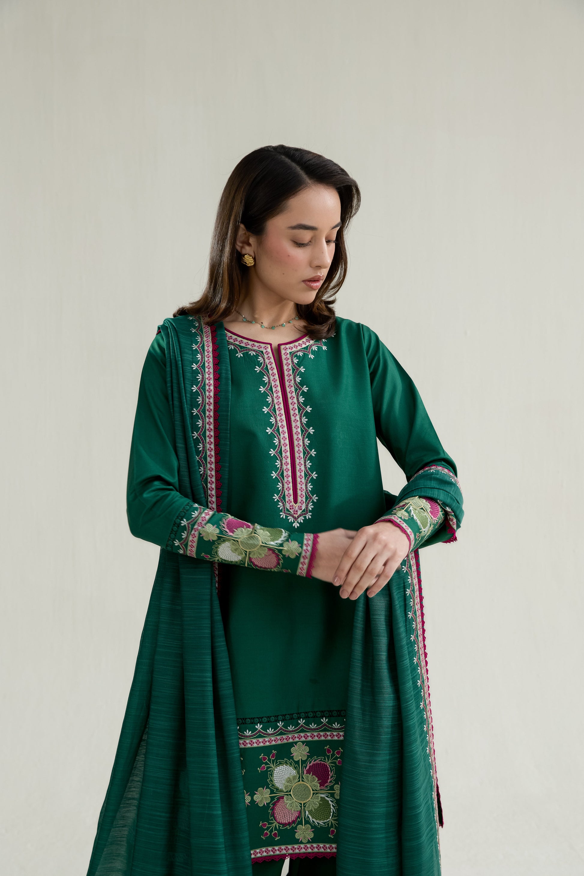 Emerald Green Embroidered Lawn Long Shirt - Zaib | RAMADAN 2026 READY TO WEAR | 26413 - Luxury Dress - available at Maria Faisal in UK and USA.
