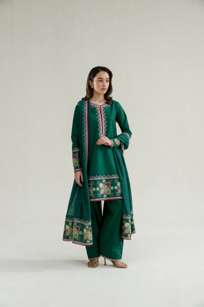 Emerald Green Embroidered Lawn Long Shirt - Zaib | RAMADAN 2026 READY TO WEAR | 26413 - Luxury Dress - available at Maria Faisal in UK and USA.