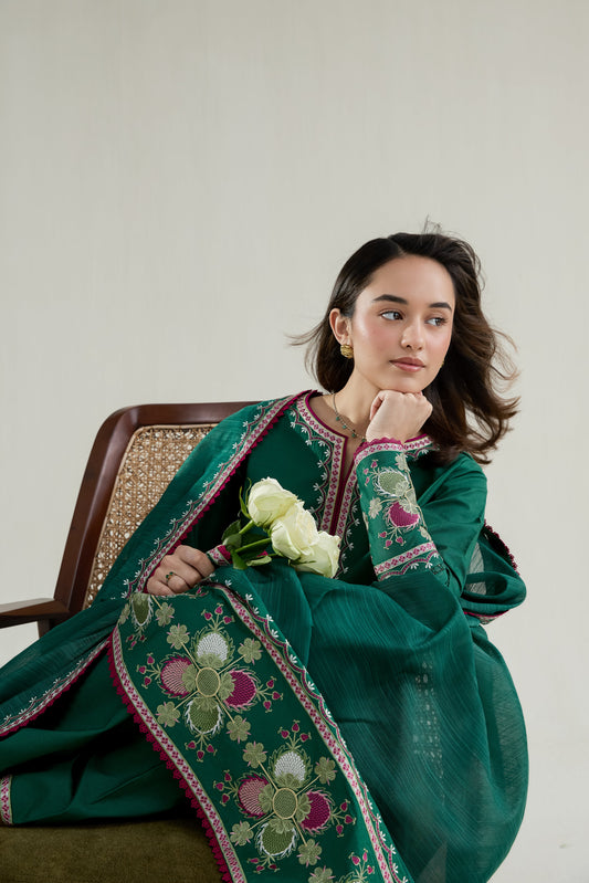 Emerald Green Embroidered Lawn Long Shirt - Zaib | RAMADAN 2026 READY TO WEAR | 26413 - Luxury Dress - available at Maria Faisal in UK and USA.