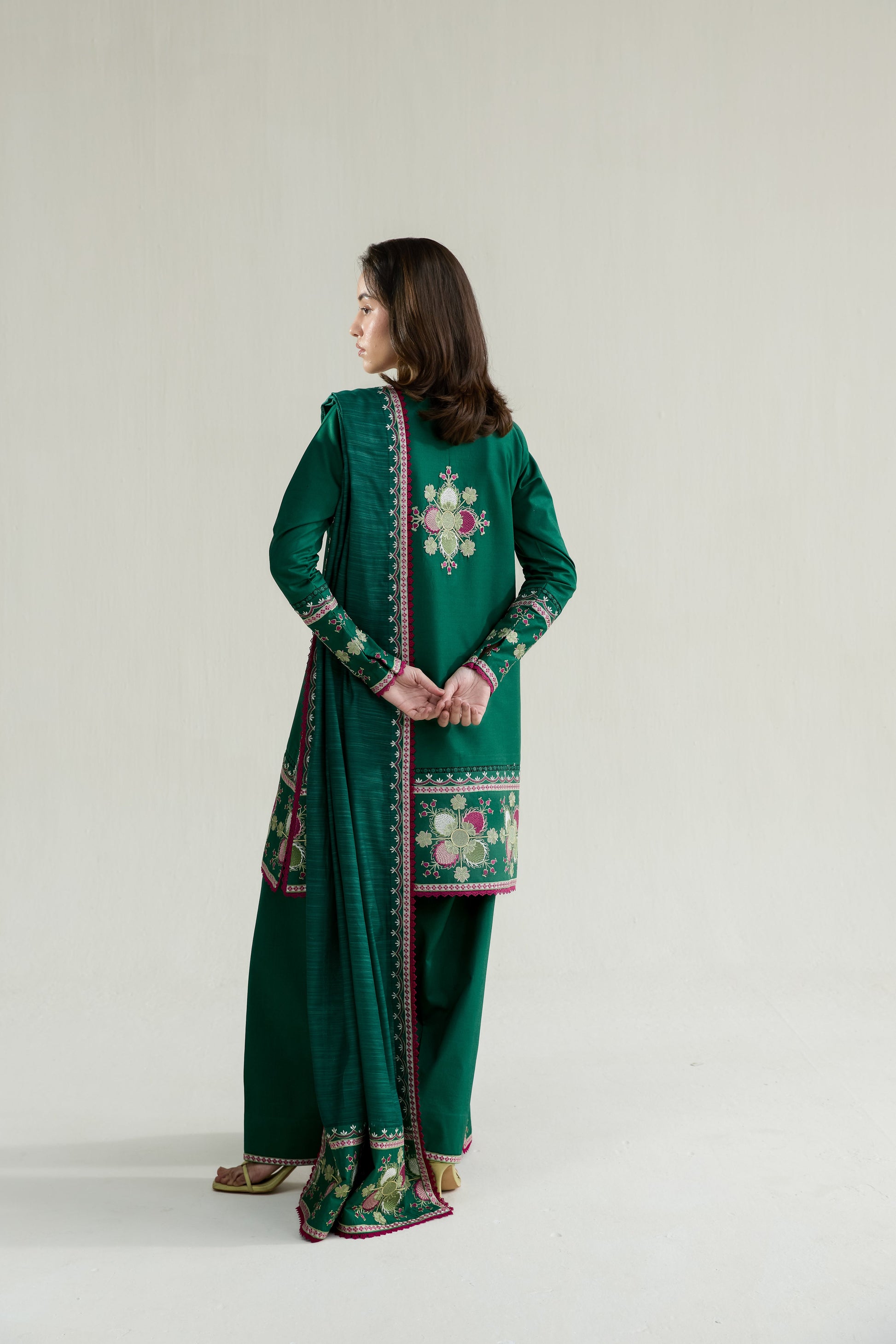 Emerald Green Embroidered Lawn Long Shirt - Zaib | RAMADAN 2026 READY TO WEAR | 26413 - Luxury Dress - available at Maria Faisal in UK and USA.