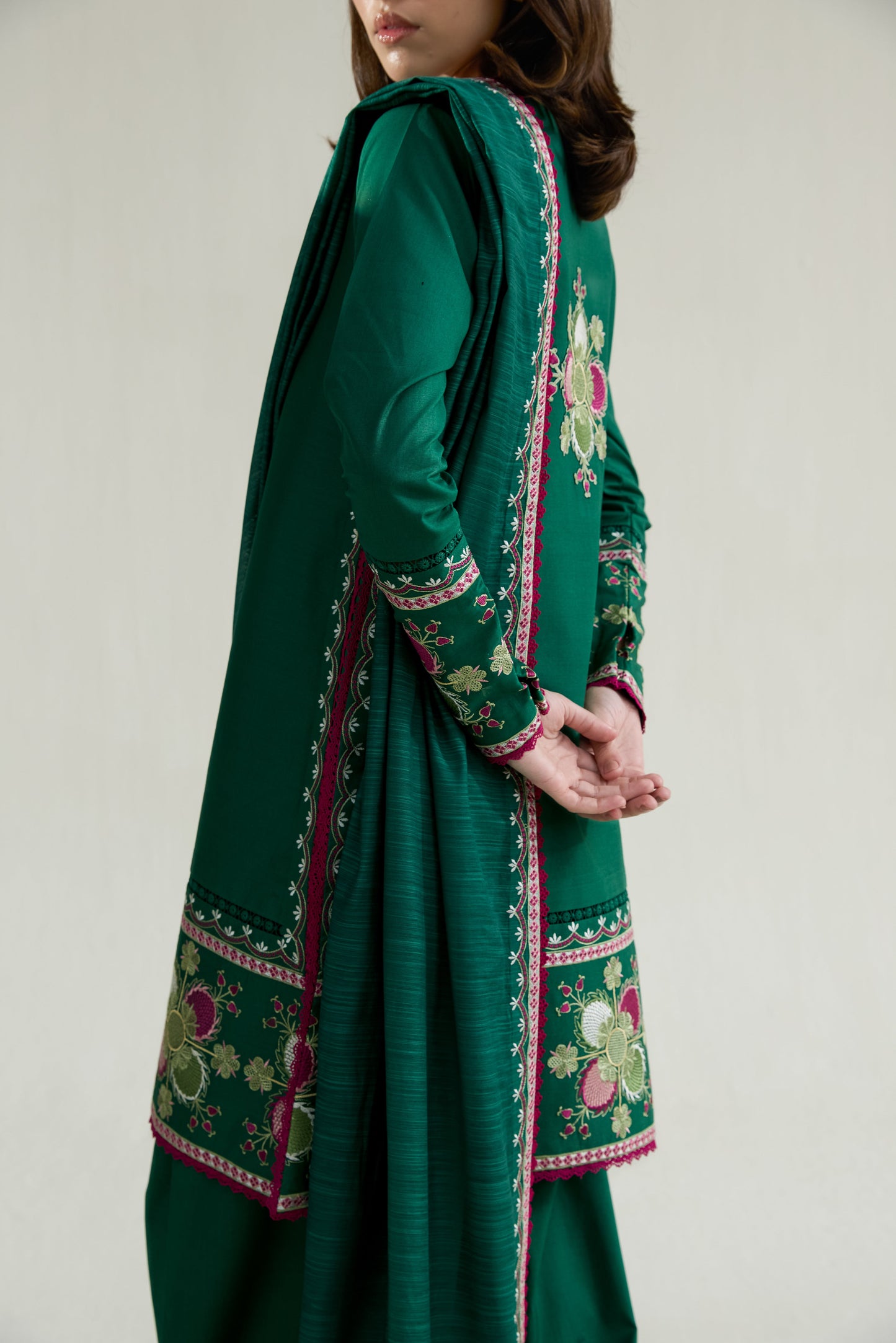Emerald Green Embroidered Lawn Long Shirt - Zaib | RAMADAN 2026 READY TO WEAR | 26413 - Luxury Dress - available at Maria Faisal in UK and USA.
