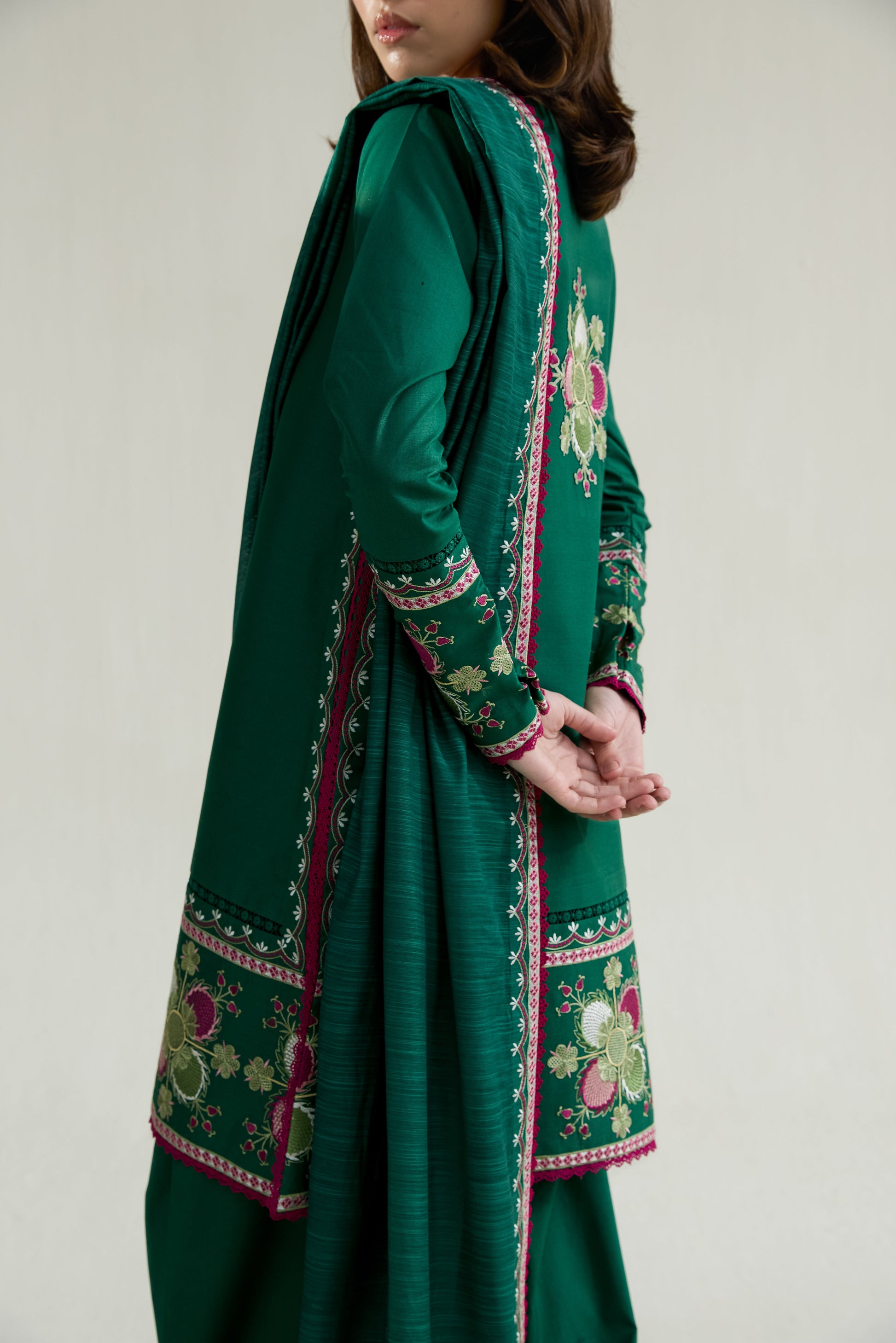 Emerald Green Embroidered Lawn Long Shirt - Zaib | RAMADAN 2026 READY TO WEAR | 26413 - Luxury Dress - available at Maria Faisal in UK and USA.