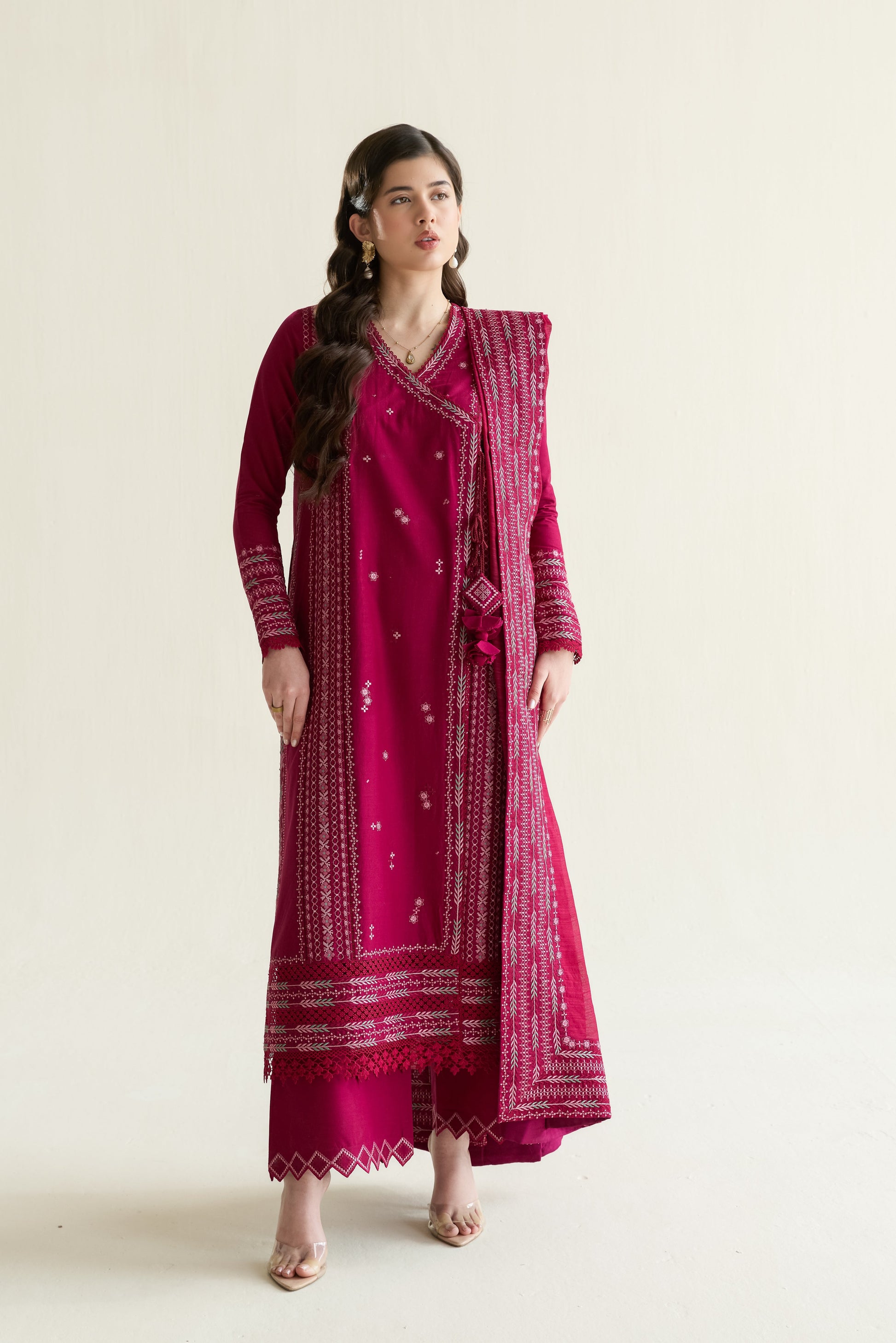 Fuchsia Embroidered Lawn Long Shirt - Zaib | RAMADAN 2026 READY TO WEAR | NPA3-26405 - Luxury Dress - available at Maria Faisal in UK and USA.