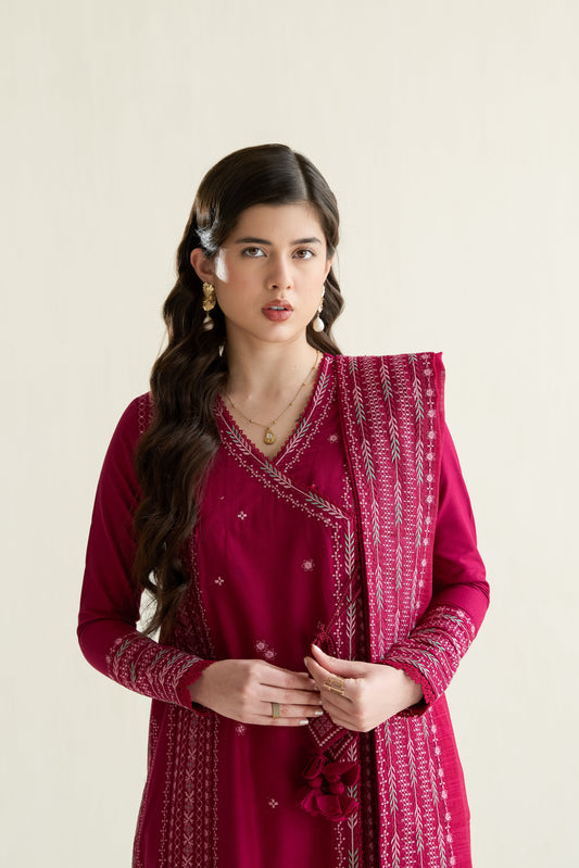 Fuchsia Embroidered Lawn Long Shirt - Zaib | RAMADAN 2026 READY TO WEAR | NPA3-26405 - Luxury Dress - available at Maria Faisal in UK and USA.