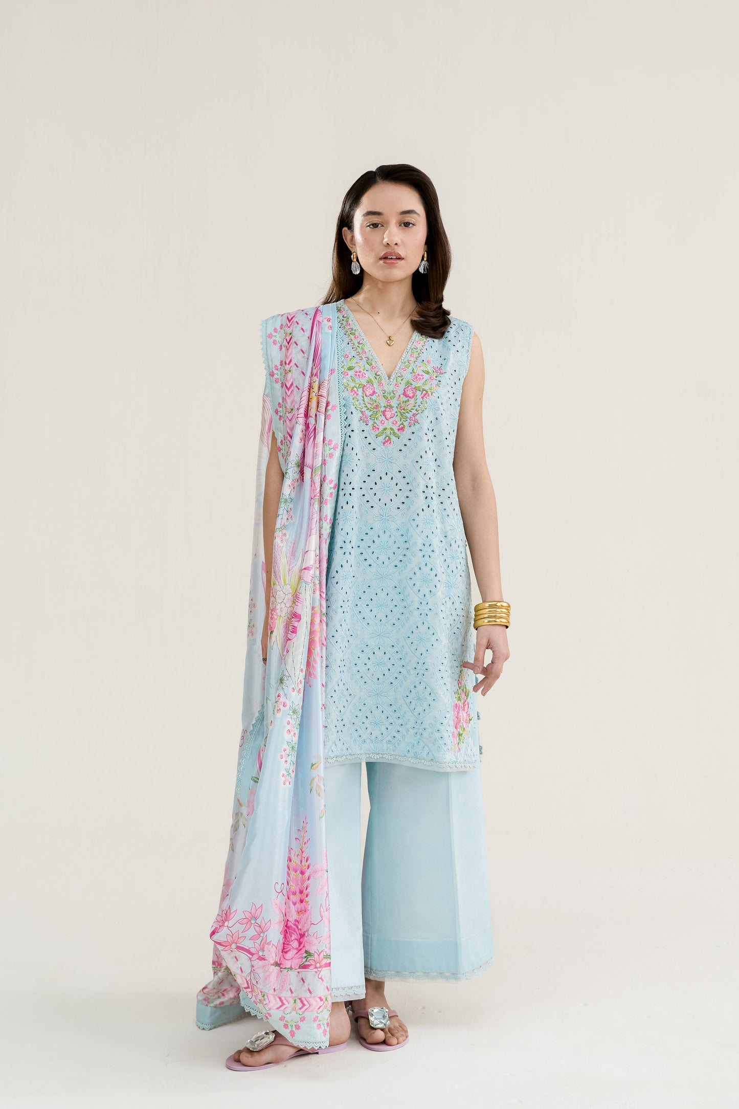 Ice Blue Embroidered Lawn Short Shirt - Zaib | RAMADAN 2026 READY TO WEAR | NPA3-26404 - Luxury Dress - available at Maria Faisal in UK and USA.