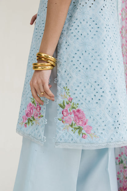 Ice Blue Embroidered Lawn Short Shirt - Zaib | RAMADAN 2026 READY TO WEAR | NPA3-26404 - Luxury Dress - available at Maria Faisal in UK and USA.