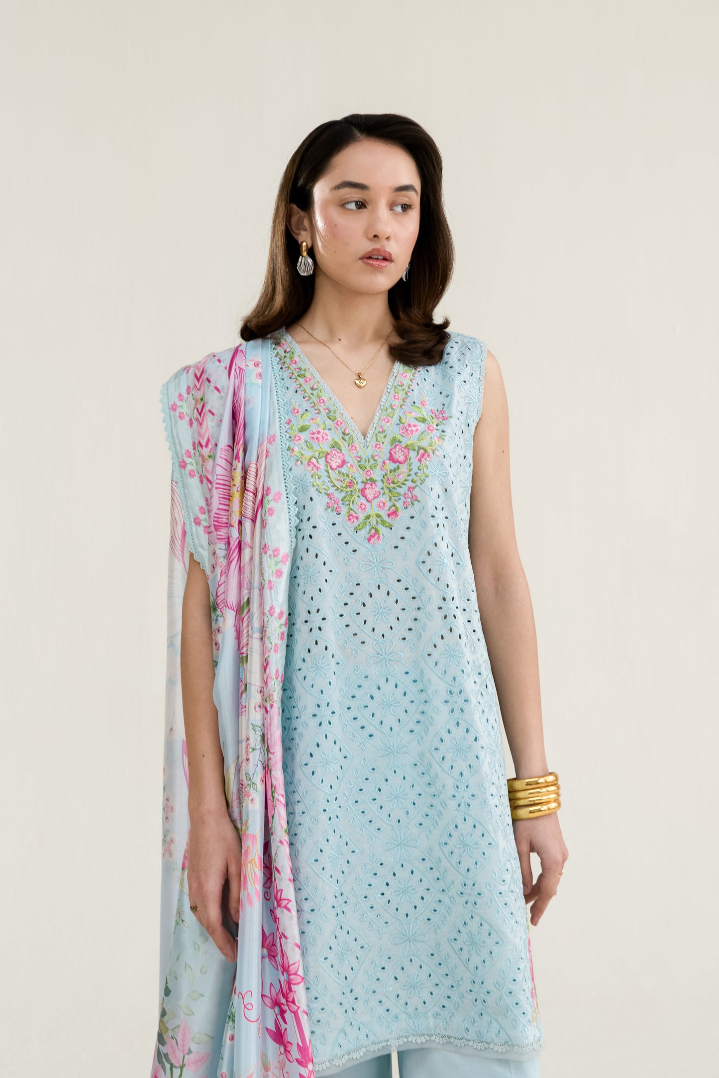 Ice Blue Embroidered Lawn Short Shirt - Zaib | RAMADAN 2026 READY TO WEAR | NPA3-26404 - Luxury Dress - available at Maria Faisal in UK and USA.